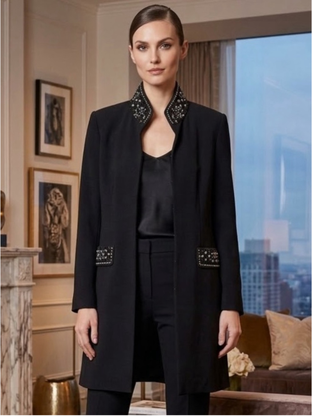 NEW Bellessa Jewel Embellished Black Ponte Jacket Size 8